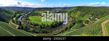 Wiltinger Saarbogen. Der Fluss schlängelt sich durch das Tal und ist von Weinbergen und grünen Wäldern umgeben. Kanzem, Rheinland-Pfalz, Deutschland Stockfoto