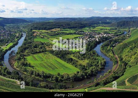 Wiltinger Saarbogen. Der Fluss schlängelt sich durch das Tal und ist von Weinbergen und grünen Wäldern umgeben. Kanzem, Rheinland-Pfalz, Deutschland Stockfoto