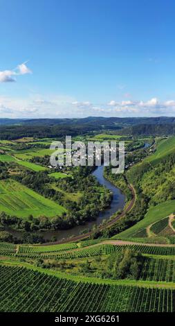 Wiltinger Saarbogen. Der Fluss schlängelt sich durch das Tal und ist von Weinbergen und grünen Wäldern umgeben. Kanzem, Rheinland-Pfalz, Deutschland Stockfoto