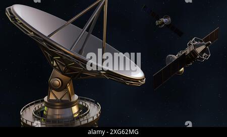 3D-Rendering eines Satelliten in der Umlaufbahn bestrahlt Daten bis zu einem Netz von Antennen, wodurch die Verbindung zwischen Weltraum und erdbasierter Kommune hervorgehoben wird Stockfoto