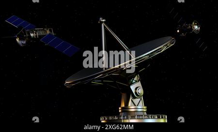 3D-Rendering eines Satelliten in der Umlaufbahn bestrahlt Daten bis zu einem Netz von Antennen, wodurch die Verbindung zwischen Weltraum und erdbasierter Kommune hervorgehoben wird Stockfoto