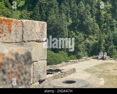 Indien. Juli 2024. Naranag ist ein hinduistischer Tempel, der von Bergen umgeben ist. Es ist eine Touristenattraktion, die im Bezirk Ganderbal, etwa 60 km von Srinagar, der Sommerhauptstadt von Jammu und Kaschmir, liegt. Nicht nur Touristenattraktionen, sondern auch Naranag dient als Basis für Wanderer. Auf der Spitze der Berge liegt ein schöner See, der „Gangbal Lake“ genannt wird. Die den Weg mit anderen beliebten Trekkingzielen verbindet. (Foto: Musaib Iqbal Bhat/Pacific Press) Credit: Pacific Press Media Production Corp./Alamy Live News Stockfoto