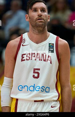 Valencia, Spanien. Juli 2024. Rudy Fernandez vom spanischen Team wurde während des Spiels zwischen Spanien und Angola in der Gruppenphase des FIBA Olympischen Qualifikationsturniers Spanien 2024 am 3. Juli 2024 am Stadtgericht Fuente de San Luis (Valencia, FIBA Olympisches Qualifikationsturnier Spanien 2024 Gruppenphase am 3. Juli 2024) gesehen. Endpunktzahl; Spanien 89 - 81 Angola. Endergebnis; Spanien 89 - 81 Angola Credit: SOPA Images Limited/Alamy Live News Stockfoto