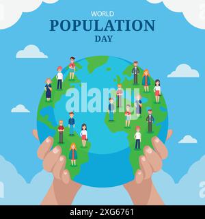 Zwei Hände halten die Welt und die Menschen auf der Welt. Save Nature, World Population Day, Ecology and Earth Day Concept. Weltbevölkerung Tag Vektor Stock Vektor