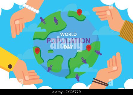 Vier-Hand-Welt und Menschen unterschreiben das World Earth Round-Logo. Save Nature, World Population Day, Ecology and Earth Day Concept. Tag Der Weltbevölkerung Stock Vektor