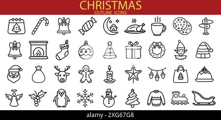 Set mit Symbolen für weihnachten oder Neujahr 50. Feiertagssymbol. Kollektion mit Symbolen für Line Xmas. Stock Vektor