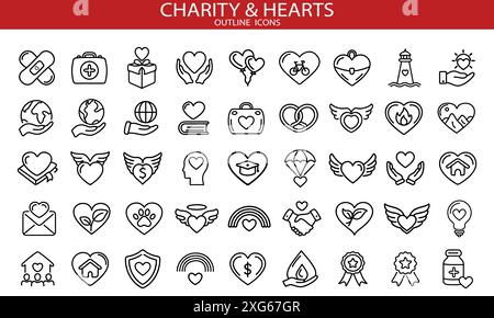 Symbole für wohltätige Zwecke festgelegt. Sammlung von Händen, Spenden, Herzen, Einheit und mehr. Vektorabbildung. Ändert sich leicht in jede Farbe. Stock Vektor