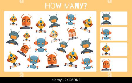 Vektorvorlage für Lernspiele. Zählen Sie, wie viele identische Roboter es gibt. Ich spioniere Spieltabellen für Kinder im Kindergarten und in der Grundschule aus. Cyborg Stock Vektor