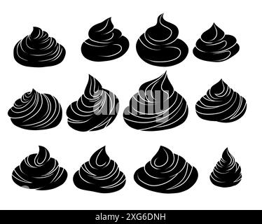 Vektorsatz von schwarzen Silhouette Cartoon Baisons und Cremes isoliert vom Hintergrund. Sammlung monochromer Zephyre. Geschlagener Joghurtclip Stock Vektor