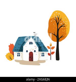 Ein einfaches Märchenhaus mit blauem Dach im skandinavischen Stil. Gelber Baum. Weißer Hintergrund für Karten, Poster. Verpackungspapier und Textilien Stock Vektor