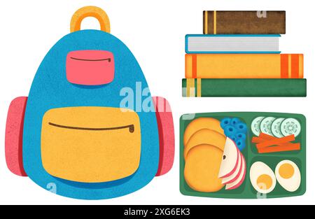 Back-to-School-Elemente, Schultasche, Lunchbox, Bücher, Kinderbedarf, niedliche Kinderschule, Kinderschulkollektion, handgezeichnete Illustrationen Stockfoto