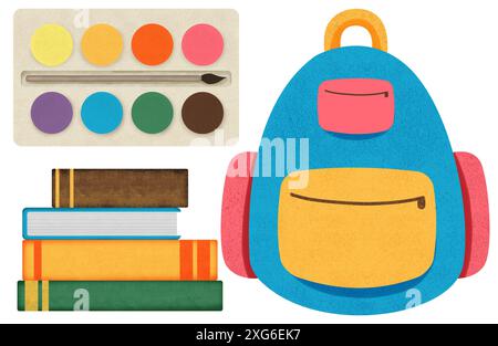 Back-to-School-Elemente, Schultasche, Farben, Bücher, Kinderbedarf, niedliche Kinderschule, Kinderschulkollektion, handgezeichnete Illustrationen Stockfoto