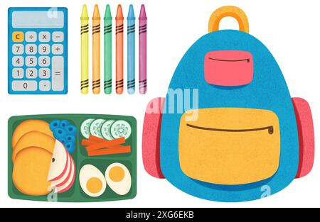 Zurück zur Schule Elemente, Schultasche, Lunchbox, Buntstifte, Taschenrechner, Kinderzubehör, süße Schule für Kinder, Kinderschulkollektion, Hand dra Stockfoto