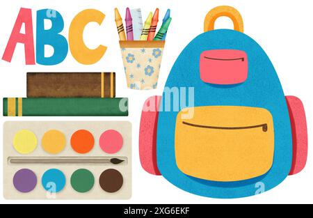 Back to School Elemente, Schultasche, Buntstifte, Bücher, Farben, Kinderbedarf, süße Schule für Kinder, Kinderschulsammlung, handgezeichnete Illus Stockfoto