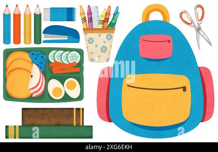 Back to School Elemente, Lunchbox, Schultasche, Buntstifte, Bücher, Farben, Kinderzubehör, süße Schule für Kinder, Kinderschulkollektion, Hand Stockfoto