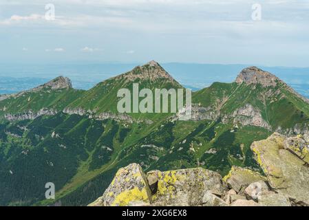 Blick auf die Belianske Tatry vom Jahnaci Stit Berggipfel in der Hohen Tatra in der Slowakei Stockfoto