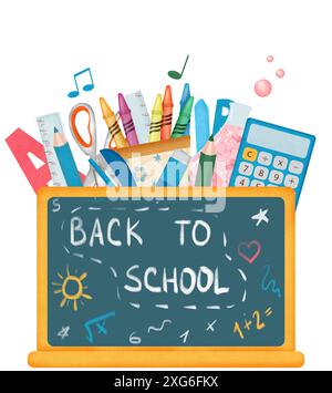 Back to School Elemente, Kinderbedarf, niedliche Schule für Kinder, Kinderschulkollektion, handgezeichnete Illustrationen Stockfoto
