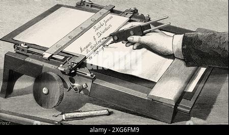 Diplograph, Vorrichtung, mit der zwei handschriftliche Kopien gleichzeitig erhalten werden können. Alte gravierte Illustration aus dem 19. Jahrhundert aus La Nature 1886 Stockfoto