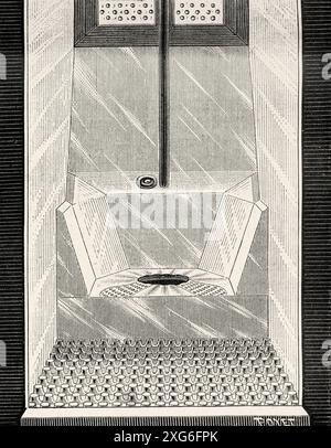 Gesunde öffentliche Toilette mit Glaswänden und Sitz, Spülbecken und Siphon. Alte gravierte Illustration aus dem 19. Jahrhundert aus La Nature 1886 Stockfoto