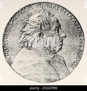 Gedenkmedaille an Michel Eugene Chevreul am 30. August 1886. Französischer Chemiker, dessen Arbeit zu bedeutenden Entwicklungen in Wissenschaft, Medizin und Kunst beitrug. Frankreich. Alte gravierte Illustration aus dem 19. Jahrhundert aus La Nature 1886 Stockfoto