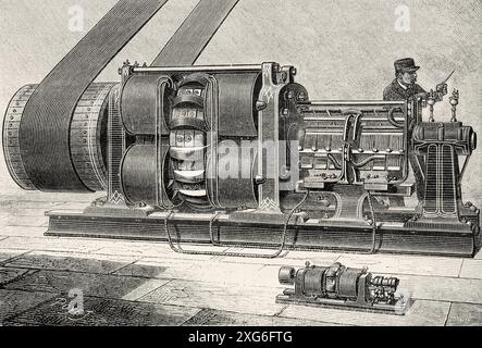 Die leistungsstärkste elektrische Dynamo-Maschine der Welt (400 PS, gebaut von Mr. Brush. Alte gravierte Illustration aus dem 19. Jahrhundert aus La Nature 1886 Stockfoto