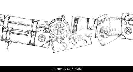 Vintage-Retro-Gepäck, Gepäckkoffer, Reisepass-Ausweis, Ticketgutschein, Kompass-Brieftasche. Vektortinte handgezeichnete Kunst. Isoliertes nahtloses Banner Stock Vektor