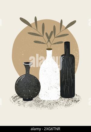 Keramikvasen, Pflanze und eine Flasche mit einer Grunge-Pinselstruktur. Vase im Boho-Stil. Skandinavische minimalistische Wandkunst. Braun, Beige, Grau. Poster Stock Vektor