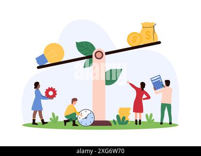 Beurteilung des Wertes kreativer Ideen, Vergleich von Investitionen und Nutzen aus dem Projekt. Winzige Leute wiegen Glühbirne und Geldbeutel Goldmünzen auf Balance Wippe Cartoon Vektor Illustration Stock Vektor