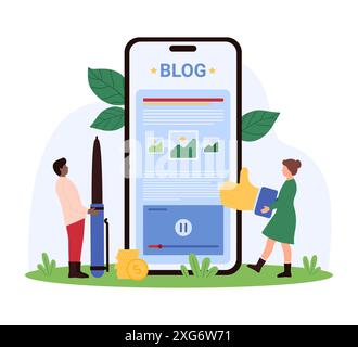 Blogmonetarisierung, mobile App zum Bloggen. Winzige Leute halten Stift und Daumen hoch, um Blogs mit kreativen Artikeln anzulocken, Online-Inhalte zu monetarisieren und Zeichentrickvektorillustration zu verdienen Stock Vektor