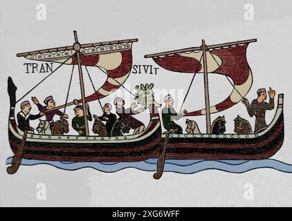 Mittelalterliches Europa. 11. Jahrhundert. Gravur des Wandteppichs von Bayeux. Normannische Invasion. Pferde, die an Bord von Schiffen transportiert werden Stockfoto