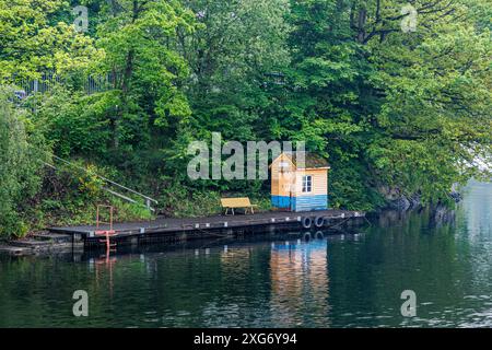 Kleiner leerer Holzpier mit einer Bank Werkzeughaus am Ufer des Lake Robertville, grüne Laubbäume im unscharfen Hintergrund, bewölkter Tag in Waimes, Belgien Stockfoto