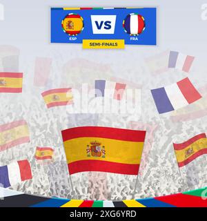 Fußballfans jubeln mit Fahnen für das Spiel zwischen Spanien und Frankreich. Sportillustration für Fußballwettbewerbe in Europa. Vektorvorlage. Stock Vektor