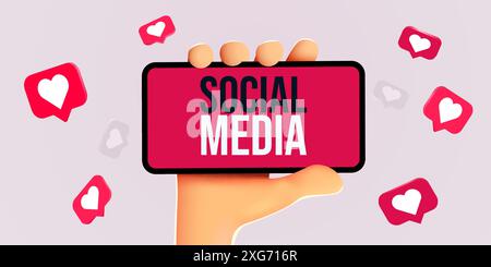 Niedliche Cartoon-Hand hält Handy mit Likes Benachrichtigungssymbole. Social Media und Marketing Konzept. Vektorgrafik Stock Vektor