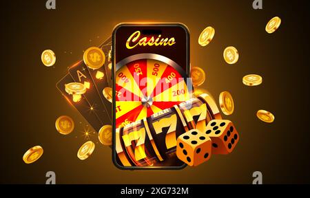 Smartphone mit Spielautomat, Würfeln, Pokerkarten gewinnt den Jackpot. 777 Big-Win-Konzept. Casino-Jackpot. Vektorabbildung Stock Vektor