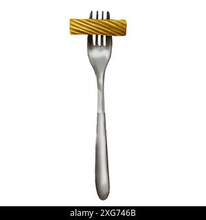 Tortiglioni Pasta auf einer Gabel. Die Gabel ist vollständig grau dargestellt. Paste ist gelb oder beige. Es wird auf eine Gabel gelegt. In Schwarzweiß-Ausführung. Stockfoto