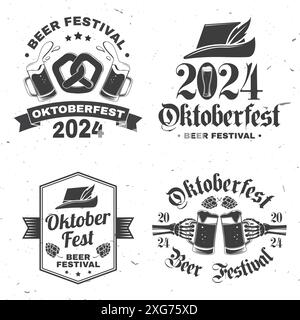 Set mit Oktoberfest-Logos oder -Abzeichen. Vektor. Bierkrug mit Malz, deutscher traditioneller Hut, gebratene Wurst, gegrillt, auf einer Gabel aufgespießt. Vintage Stock Vektor