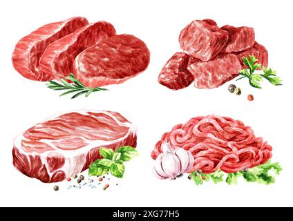 Rohe frische Bio-Rindersteaks und Hackfleisch-Set. Kochkonzepte. Handgezeichnete Aquarellillustration isoliert auf weißem Hintergrund Stockfoto
