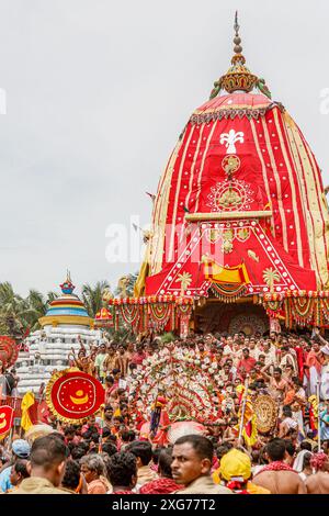 07 24 2007 Lord Jagannath’s Chariot Nandighosha der größte unter allen chariots.canopy Farben Gelb und Rot Jagannath Puri Odisha INDIEN Asien. Stockfoto