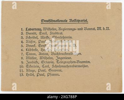 Stimmzettel/ Wahlzettel der Reichstagswahl 1920 - die Reichstagswahl vom 6. Juni 1920 war die zweite Wahl während der Weimarer Republik und die erste zu einem regulären Deutschen Reichstag. Die Bundestagswahl 1920 fand am 6. Juni 1920 zur Wahl des ersten Reichstags der Weimarer Republik statt. Sie folgte der im Januar 1919 gewählten Weimarer Nationalversammlung, die die republikanische Verfassung ausgearbeitet und ratifiziert hatte. Stockfoto