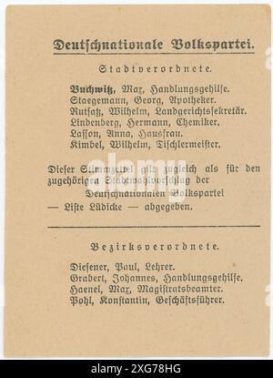 Stimmzettel/ Wahlzettel der Reichstagswahl 1920 - die Reichstagswahl vom 6. Juni 1920 war die zweite Wahl während der Weimarer Republik und die erste zu einem regulären Deutschen Reichstag. Die Bundestagswahl 1920 fand am 6. Juni 1920 zur Wahl des ersten Reichstags der Weimarer Republik statt. Sie folgte der im Januar 1919 gewählten Weimarer Nationalversammlung, die die republikanische Verfassung ausgearbeitet und ratifiziert hatte. Stockfoto
