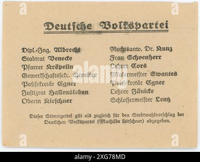 Stimmzettel/ Wahlzettel der Reichstagswahl 1920 - die Reichstagswahl vom 6. Juni 1920 war die zweite Wahl während der Weimarer Republik und die erste zu einem regulären Deutschen Reichstag. Die Bundestagswahl 1920 fand am 6. Juni 1920 zur Wahl des ersten Reichstags der Weimarer Republik statt. Sie folgte der im Januar 1919 gewählten Weimarer Nationalversammlung, die die republikanische Verfassung ausgearbeitet und ratifiziert hatte. Stockfoto