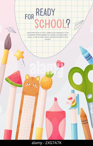 Schulvorlage, Poster-Banner vertikal. Zurück zur Schule. Zeichentrickstift, Bleistift, Schreibwaren Vektor Stock Vektor