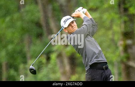 07 Juli 2024, Bayern, München/Eichenried: Golf: BMW International Open, Runde 4, deutscher Jeremy Paul schlägt ab. Foto: Ulrich Gamel/kolbert-Press/dpa Stockfoto