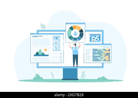 Person, die eine Website mit mehreren Datendiagrammen und Analysetools auf einem großen Bildschirm erstellt, die digitale Erstellung und datengesteuerte Konstruktionsvektorillustration darstellen. Stock Vektor