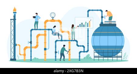 Inspektion des Erdgasleitungssystems. Winzige Leute der Fabrikwartungsservice kontrollieren die Sicherheit von Rohr und Ventil, Druck im Lagertank und Schornstein mit Feuer Cartoon Vektor Illustration Stock Vektor