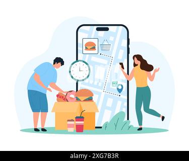 Online-Bestellung der Lieferung von Fast Food zum Mitnehmen in der mobilen App. Winzige Leute öffnen Box mit Hamburger, Donut und Hotdog, Tracking Kurier Route auf Stadtplan auf Smartphone Bildschirm Cartoon Vektor Illustration Stock Vektor