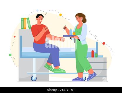 Mann mit Injektion. Der Arzt gibt dem Patienten die Injektion. Junger Mann, der geimpft wird. Diagnose und Behandlung, Prävention. Antiviren-Impfstoff. Cartoon Stock Vektor