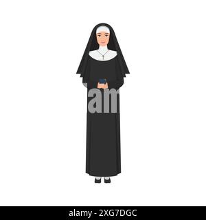 Nonne stehend mit Bibelbuch und lächelnd, Frau in schwarz-weiß Kostümvektor Illustration Stock Vektor