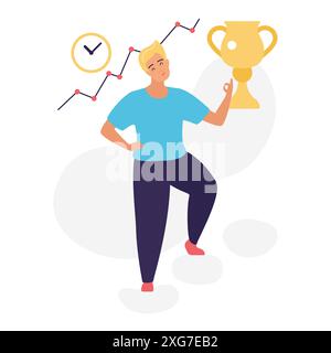 Männlicher Charakter mit goldener Tasse, extrovertiertem und Gewinnerpersönlichkeitsvektor Illustration Stock Vektor