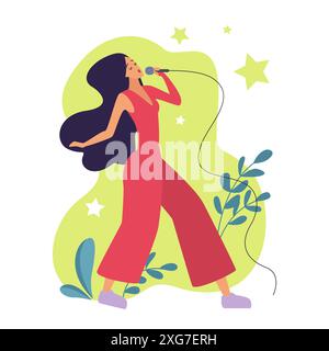 Talent weibliche Figur singend in Mikrofon, Persönlichkeitsgefühle und Inspirationsvektor Illustration Stock Vektor